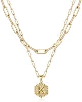 Dainty Layered Initial Necklaces for Women; 14K Gold Plated Paperclip Chain Necklace Simple Cute Hexagon Letter Pendant Initial Choker Necklace Gold L (Color: Gold, Style: K)