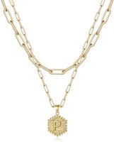 Dainty Layered Initial Necklaces for Women; 14K Gold Plated Paperclip Chain Necklace Simple Cute Hexagon Letter Pendant Initial Choker Necklace Gold L (Color: Gold, Style: P)