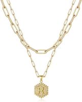 Dainty Layered Initial Necklaces for Women; 14K Gold Plated Paperclip Chain Necklace Simple Cute Hexagon Letter Pendant Initial Choker Necklace Gold L (Color: Gold, Style: R)