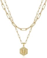 Dainty Layered Initial Necklaces for Women; 14K Gold Plated Paperclip Chain Necklace Simple Cute Hexagon Letter Pendant Initial Choker Necklace Gold L (Color: Gold, Style: U)
