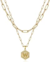 Dainty Layered Initial Necklaces for Women; 14K Gold Plated Paperclip Chain Necklace Simple Cute Hexagon Letter Pendant Initial Choker Necklace Gold L (Color: Gold, Style: W)