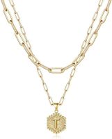 Dainty Layered Initial Necklaces for Women; 14K Gold Plated Paperclip Chain Necklace Simple Cute Hexagon Letter Pendant Initial Choker Necklace Gold L (Color: Gold, Style: T)
