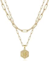 Dainty Layered Initial Necklaces for Women; 14K Gold Plated Paperclip Chain Necklace Simple Cute Hexagon Letter Pendant Initial Choker Necklace Gold L (Color: Gold, Style: B)