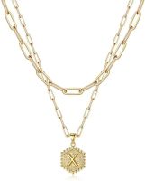 Dainty Layered Initial Necklaces for Women; 14K Gold Plated Paperclip Chain Necklace Simple Cute Hexagon Letter Pendant Initial Choker Necklace Gold L (Color: Gold, Style: X)