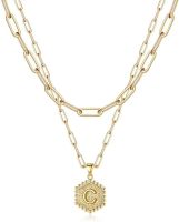 Dainty Layered Initial Necklaces for Women; 14K Gold Plated Paperclip Chain Necklace Simple Cute Hexagon Letter Pendant Initial Choker Necklace Gold L (Color: Gold, Style: C)