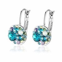 Multicolored Austrian Crystal Leverback Earrings for Women 14K Gold Plated Dangle Hoop Earrings Hypoallergenic Jewelry (Color: Blue Green Crystals/Silver-tone)