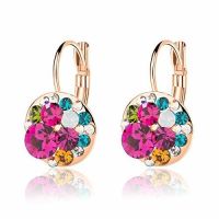 Multicolored Austrian Crystal Leverback Earrings for Women 14K Gold Plated Dangle Hoop Earrings Hypoallergenic Jewelry (Color: Rose Main Crystal/Rose Gold-tone)