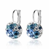 Multicolored Austrian Crystal Leverback Earrings for Women 14K Gold Plated Dangle Hoop Earrings Hypoallergenic Jewelry (Color: Blue Main Crystal/Silver-tone)