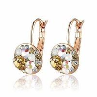 Multicolored Austrian Crystal Leverback Earrings for Women 14K Gold Plated Dangle Hoop Earrings Hypoallergenic Jewelry (Color: Yellow Main Crystal/Rose Gold-tone)