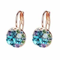 Multicolored Austrian Crystal Leverback Earrings for Women 14K Gold Plated Dangle Hoop Earrings Hypoallergenic Jewelry (Color: Blue Green Crystals/Rose Gold-tone)