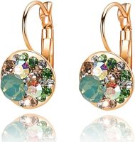 Multicolored Austrian Crystal Leverback Earrings for Women 14K Gold Plated Dangle Hoop Earrings Hypoallergenic Jewelry (Color: Green Opal+Aurora Borealis Crystal)
