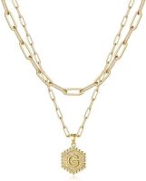 Dainty Layered Initial Necklaces for Women; 14K Gold Plated Paperclip Chain Necklace Simple Cute Hexagon Letter Pendant Initial Choker Necklace Gold L (Color: Gold, Style: G)