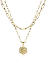 Dainty Layered Initial Necklaces for Women; 14K Gold Plated Paperclip Chain Necklace Simple Cute Hexagon Letter Pendant Initial Choker Necklace Gold L (Color: Gold, Style: E)