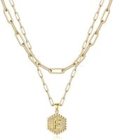 Dainty Layered Initial Necklaces for Women; 14K Gold Plated Paperclip Chain Necklace Simple Cute Hexagon Letter Pendant Initial Choker Necklace Gold L (Color: Gold, Style: F)
