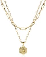 Dainty Layered Initial Necklaces for Women; 14K Gold Plated Paperclip Chain Necklace Simple Cute Hexagon Letter Pendant Initial Choker Necklace Gold L (Color: Gold, Style: S)