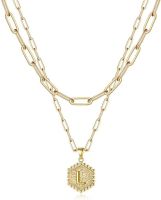 Dainty Layered Initial Necklaces for Women; 14K Gold Plated Paperclip Chain Necklace Simple Cute Hexagon Letter Pendant Initial Choker Necklace Gold L (Color: Gold, Style: L)