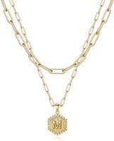 Dainty Layered Initial Necklaces for Women; 14K Gold Plated Paperclip Chain Necklace Simple Cute Hexagon Letter Pendant Initial Choker Necklace Gold L (Color: Gold, Style: M)