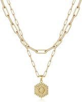 Dainty Layered Initial Necklaces for Women; 14K Gold Plated Paperclip Chain Necklace Simple Cute Hexagon Letter Pendant Initial Choker Necklace Gold L (Color: Gold, Style: O)