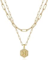 Dainty Layered Initial Necklaces for Women; 14K Gold Plated Paperclip Chain Necklace Simple Cute Hexagon Letter Pendant Initial Choker Necklace Gold L (Color: Gold, Style: H)