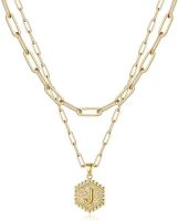 Dainty Layered Initial Necklaces for Women; 14K Gold Plated Paperclip Chain Necklace Simple Cute Hexagon Letter Pendant Initial Choker Necklace Gold L (Color: Gold, Style: J)