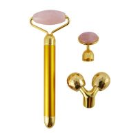 3 In 1 Electric Jade Roller Slimming Face Massage Lifting Vibrating Natural Rose Quartz Stone Facial Beauty Tool With Packaging (Color: Gold)