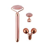3 In 1 Electric Jade Roller Slimming Face Massage Lifting Vibrating Natural Rose Quartz Stone Facial Beauty Tool With Packaging (Color: Rose gold)