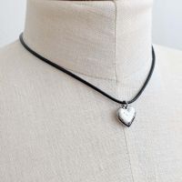 Black Cord Heart Drop Necklace (Color: Silver)